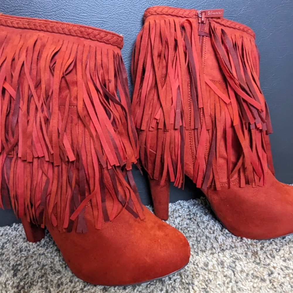 Breckelles Red Suede Fringe Heeled Boots